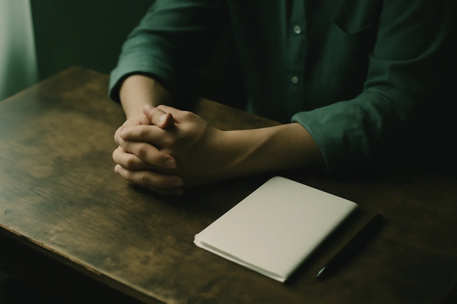 A pair of hands resting clasped on a worn wooden desk beside a closed notebook and a pen.