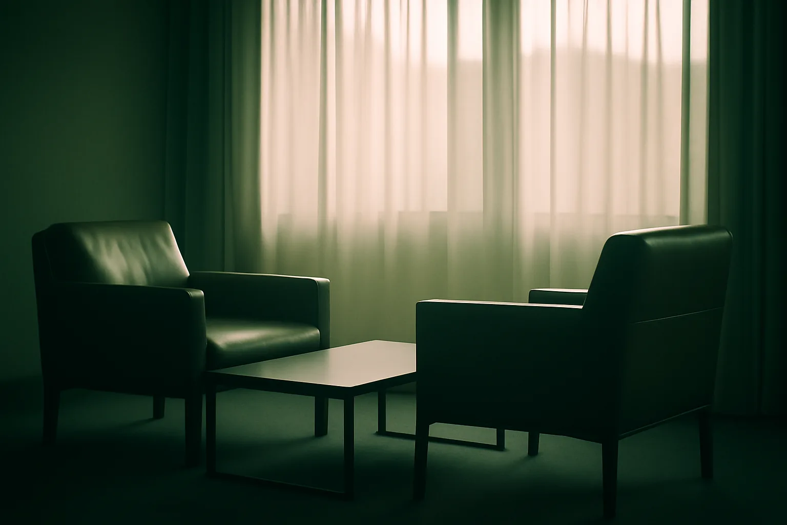 Two empty armchairs facing each other across a low table in a quiet room, daylight through sheer curtains.