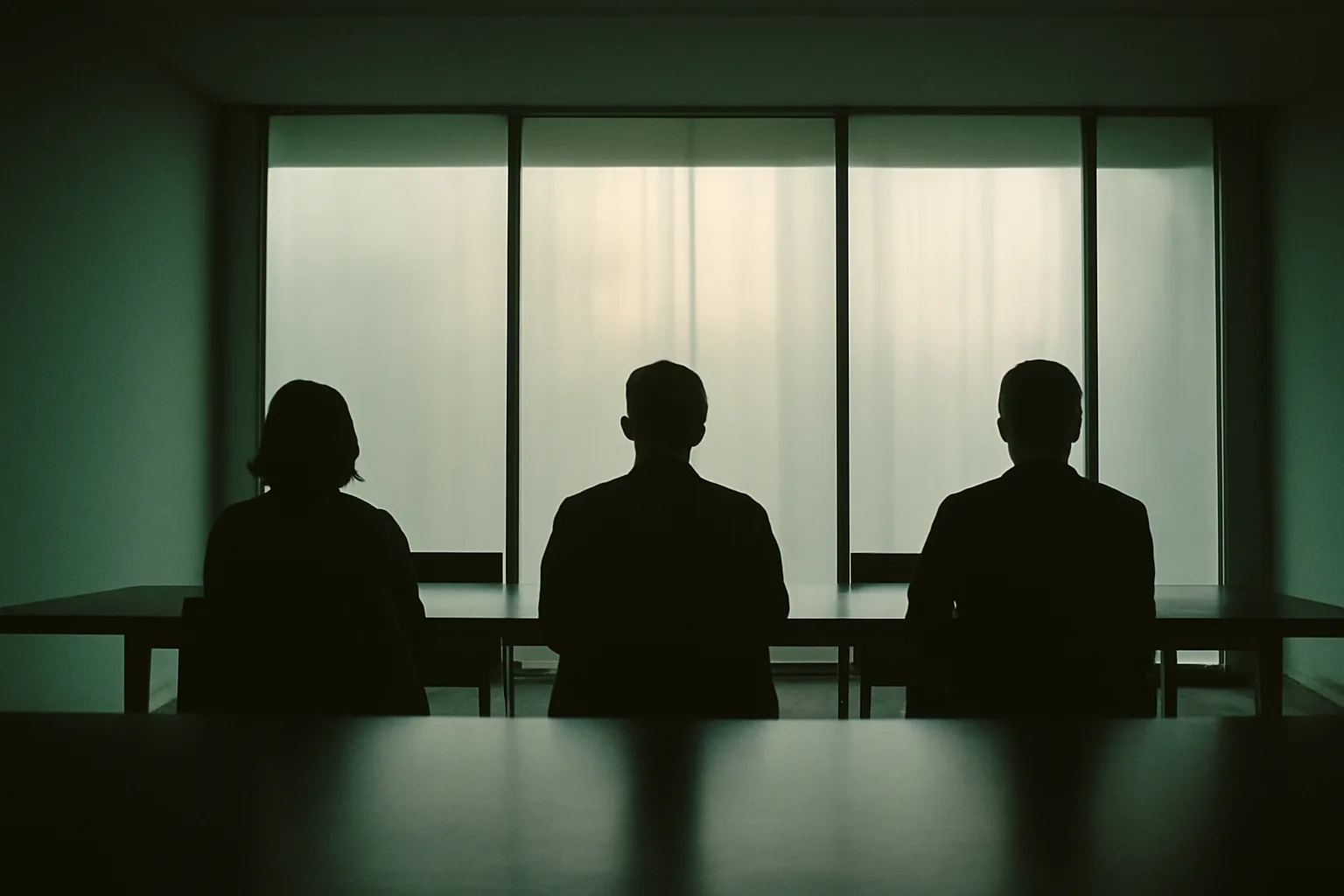 Three people seated in silhouette along a meeting table, backs to the camera, facing a bright curtained window.