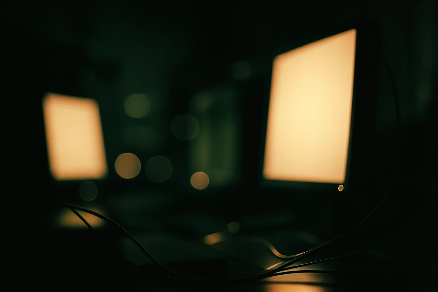 Two softly glowing monitors reduced to abstract shapes in a darkened room, cables curving across the foreground.
