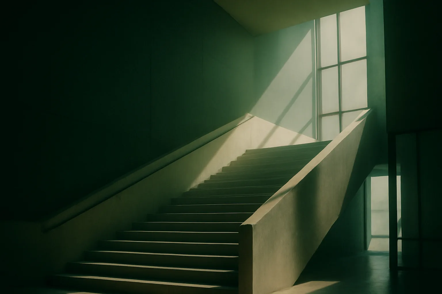 An empty concrete staircase rising toward a tall window, raking daylight across the steps.